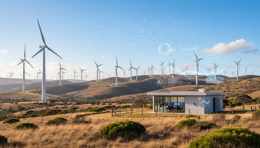 Wind turbine technician performing maintenance on large turbine in South Australia