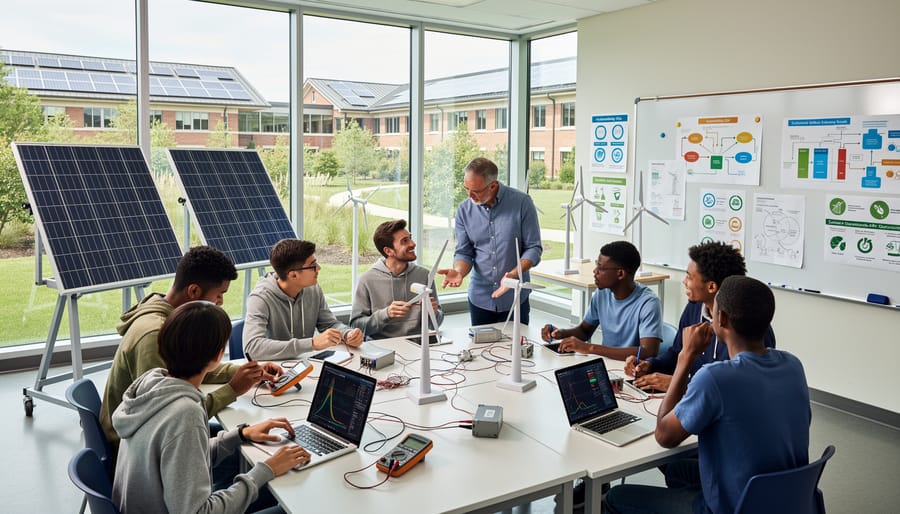 University students and environmental educator examining renewable energy equipment outdoors on campus