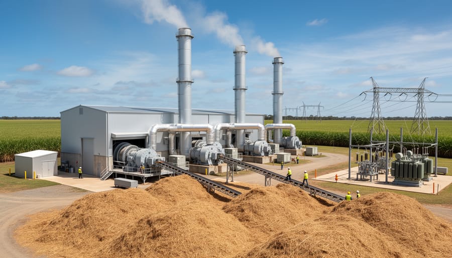 Industrial co-generation facility at Australian sugar mill producing renewable energy from biomass