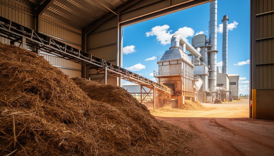Pile of sugarcane bagasse biomass material at Queensland sugar processing facility