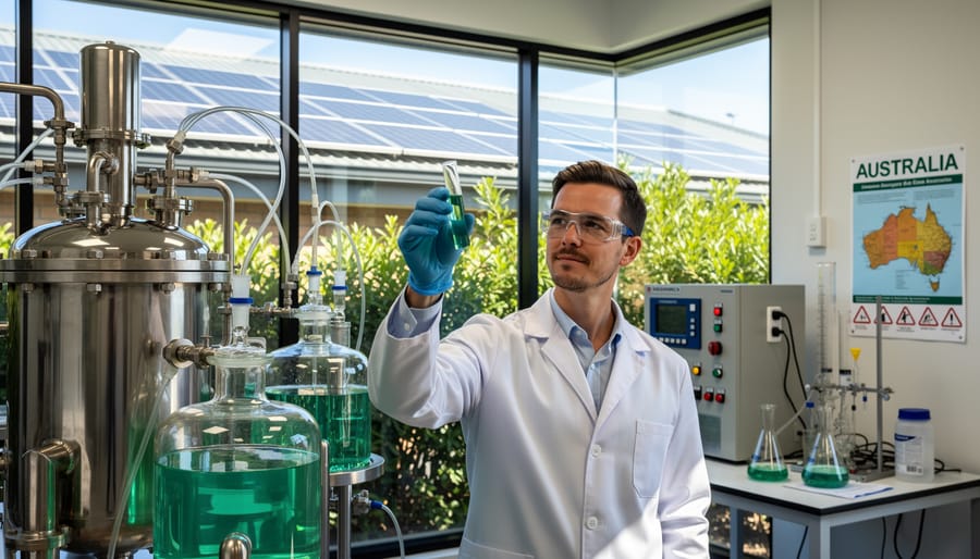 Hydrogen-powered vehicle at charging station in Australian outback landscape
