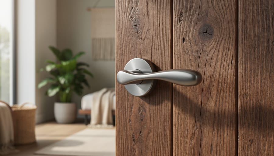 Close-up of custom brass door handle on timber door with natural lighting
