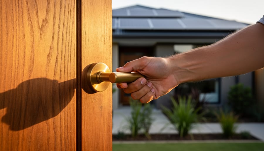 Close-up of a hand reaching for a recycled brass lever handle on a reclaimed Tasmanian oak front door, with blurred rooftop solar panels and native Australian garden behind.