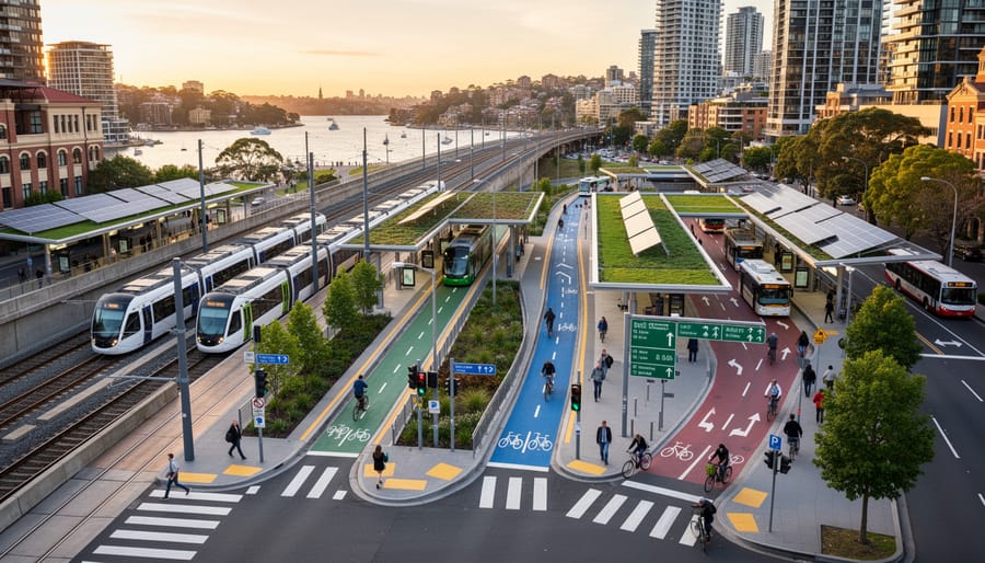 Aerial view of Sydney's transport infrastructure and harbor at twilight