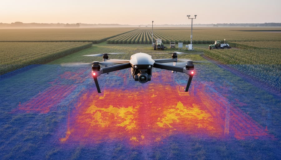 Thermal imaging drone being operated over bioenergy plantation for fire detection monitoring