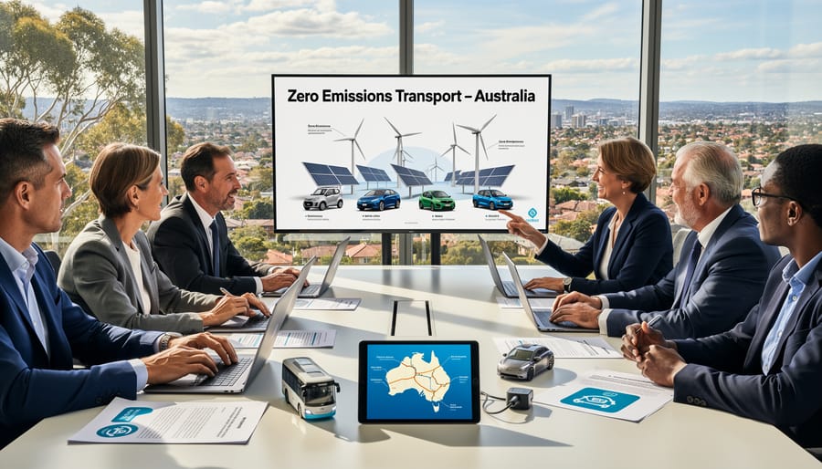 Business and government representatives meeting to discuss zero emissions transportation initiatives