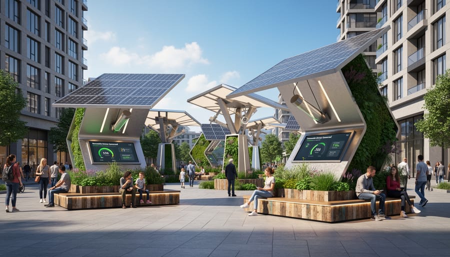 Aerial view of urban park with multiple illuminated energy-generating art installations at dusk