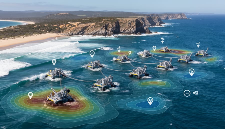 Wave energy converter device installed in ocean waters generating renewable electricity