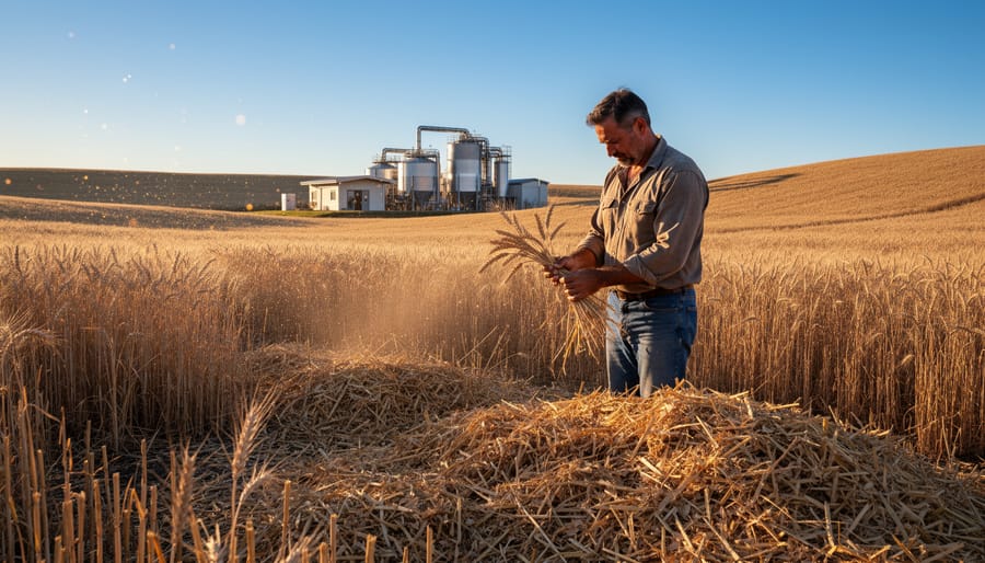 Farmer's hands holding wheat stubble and crop residue in Australian farmland