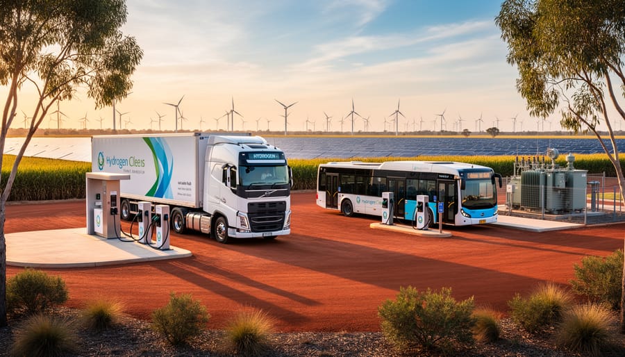 Hydrogen semi-truck refueling next to an electric bus at a modern charging station in regional Australia, with solar panels, wind turbines, and sugarcane fields in the background at golden hour.