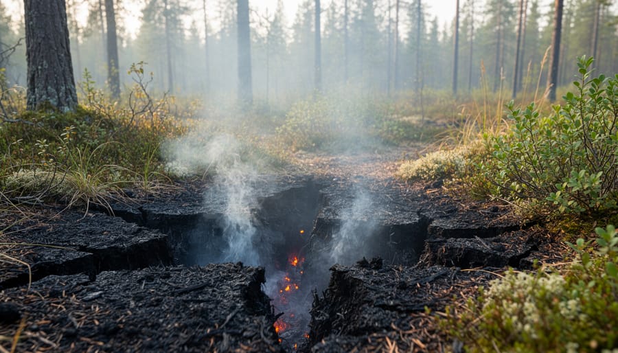 Smoke rising from smoldering biomass and organic soil showing signs of underground fire activity