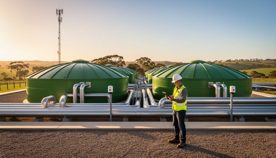 Australian rural biogas facility with green domed digesters and stainless piping fitted with sensors, a technician in a high-visibility vest checking a tablet in the foreground, and a cellular tower in the distance at golden hour, with gum trees and rolling paddocks behind.