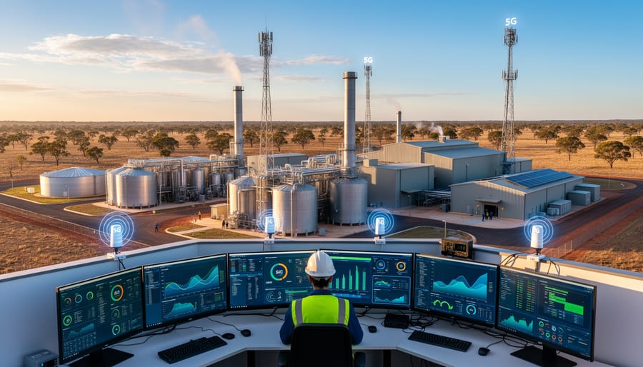 Industrial bioenergy processing facility with 5G tower in rural Australian setting