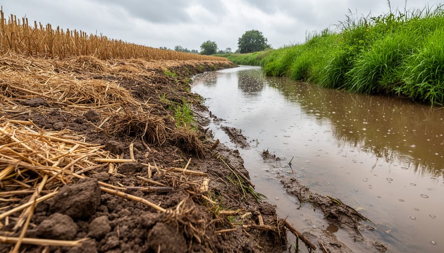 Crop residues and agricultural waste near a stream showing potential water pollution source