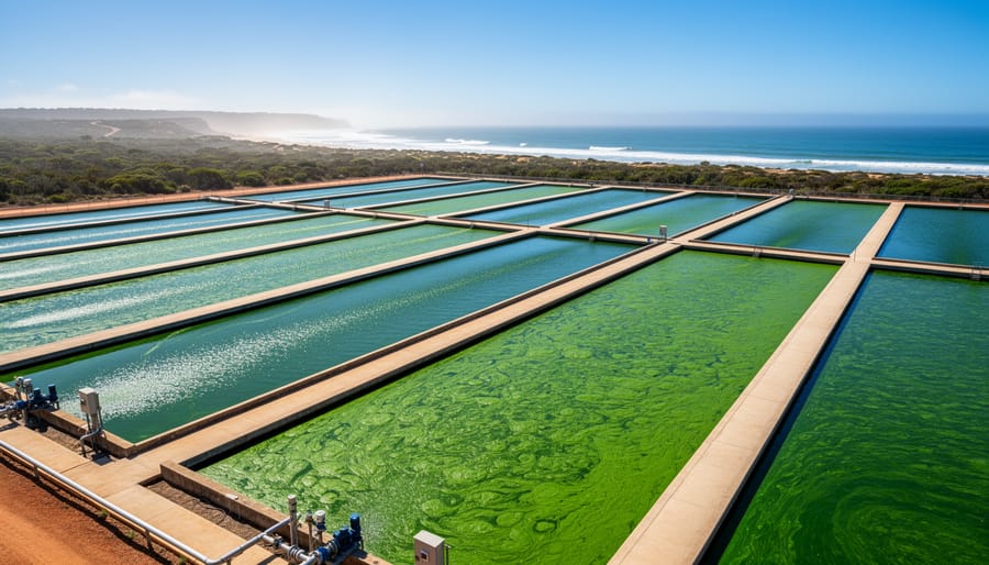 Aerial view of commercial algae cultivation ponds with bright green water