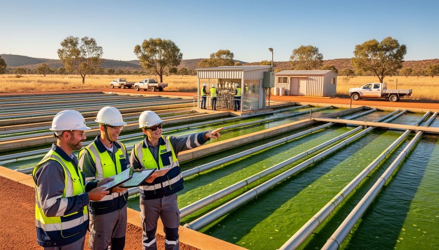 Workers at commercial algae production facility representing green jobs sector
