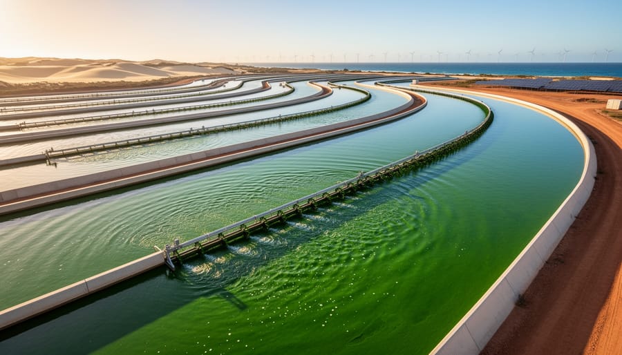 Elevated view of vivid green algal raceway ponds at a coastal Australian facility during golden hour, with paddlewheels turning and subtle aeration bubbles, and distant dunes, ocean, wind turbines, and solar arrays in the background.