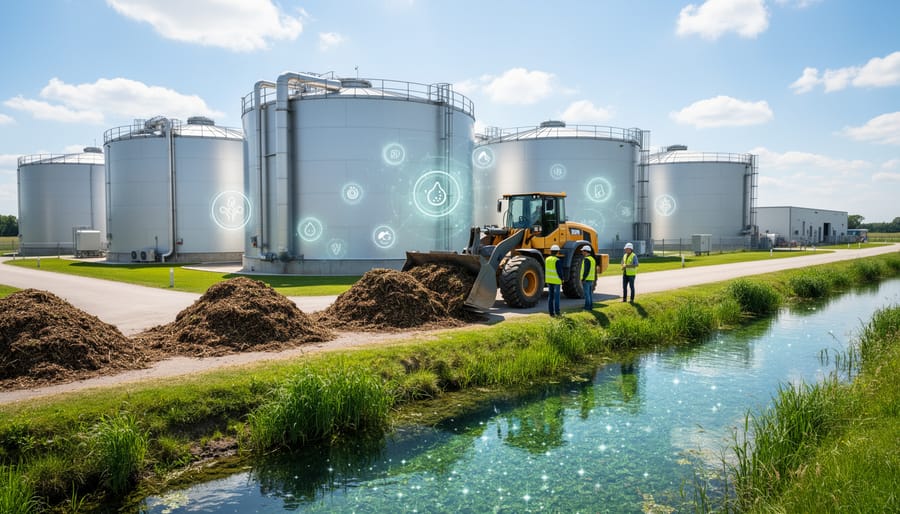 Modern biogas digester facility processing agricultural waste for renewable energy production