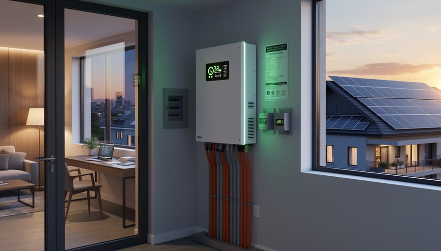 Modern battery storage and inverter system installed in apartment building