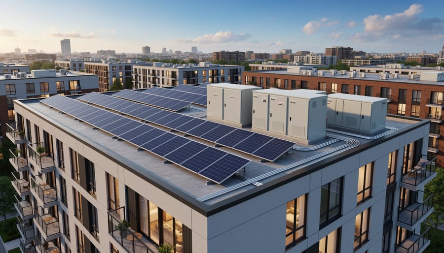 Solar panels and battery storage installed on Australian apartment building rooftop