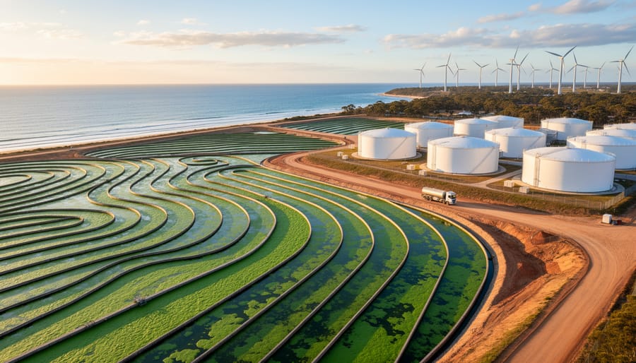 Wide view of vibrant green algae raceway ponds next to a coastal fuel terminal in Australia at golden hour, with storage tanks, a passing tanker truck, and distant wind turbines under a clear sky.