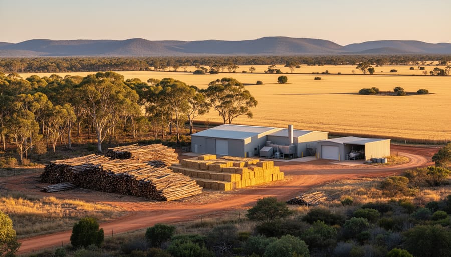Wide view of eucalyptus thinnings and straw bales next to a small biomass energy facility, bordered by gum woodland and golden wheat fields with distant ranges under warm sunset light.
