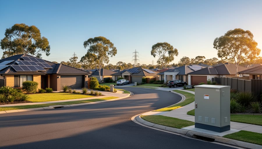 Eye-level wide photo of an Australian suburban cul-de-sac with several homes fitted with rooftop solar panels and a small community battery cabinet at the curb, lit by warm golden hour light, with gum trees and distant transmission towers in the background.