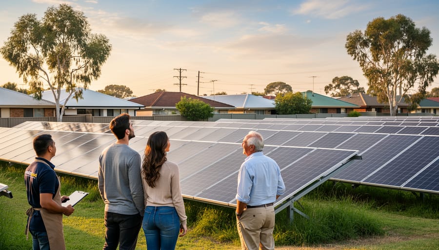 Diverse Australian residents standing at the edge of a community solar farm at golden hour, with apartment buildings, tin-roofed houses, eucalyptus trees, and distant utility lines in the background.