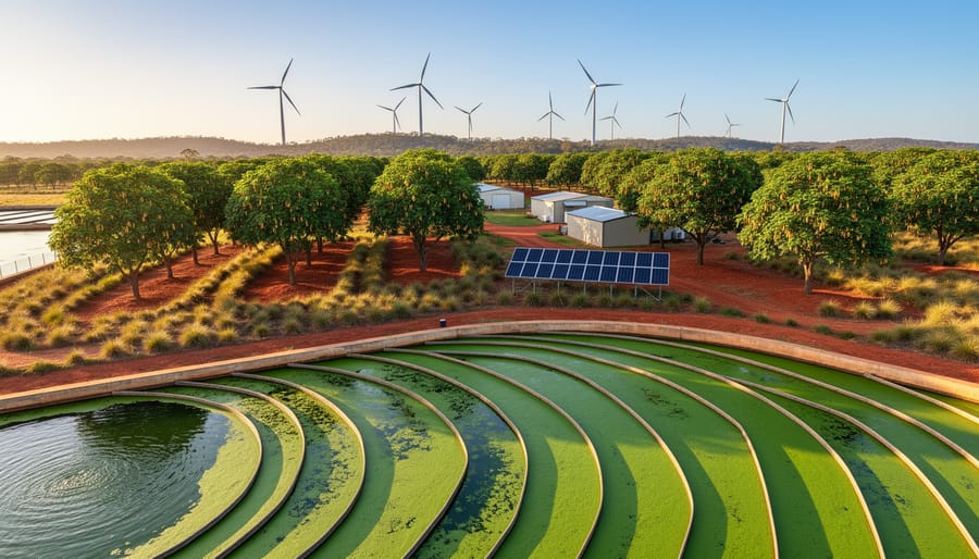 Wide view of algae raceway ponds in the foreground with Pongamia trees and native grasses on red soils, and wind turbines plus a small solar array on the distant horizon under a clear blue sky