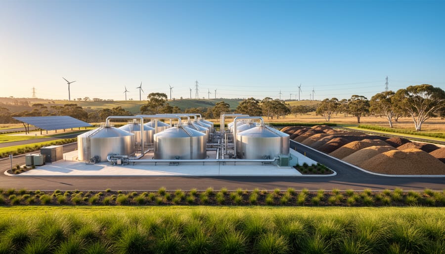 Modern bioenergy facility with stainless-steel anaerobic digesters and biogas pipes, with distant wind turbines and a small solar array in a rural Australian landscape at golden hour.