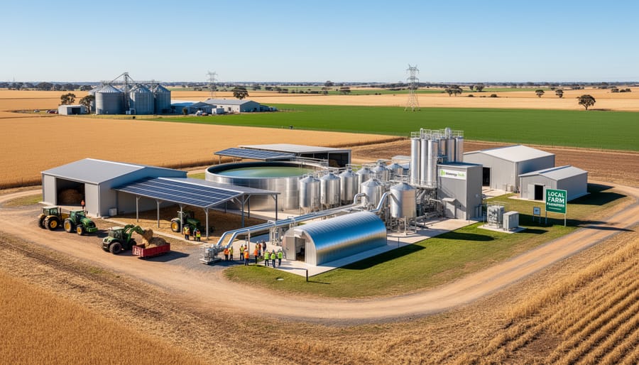 Aerial view of biogas facility with digester tanks surrounded by agricultural fields