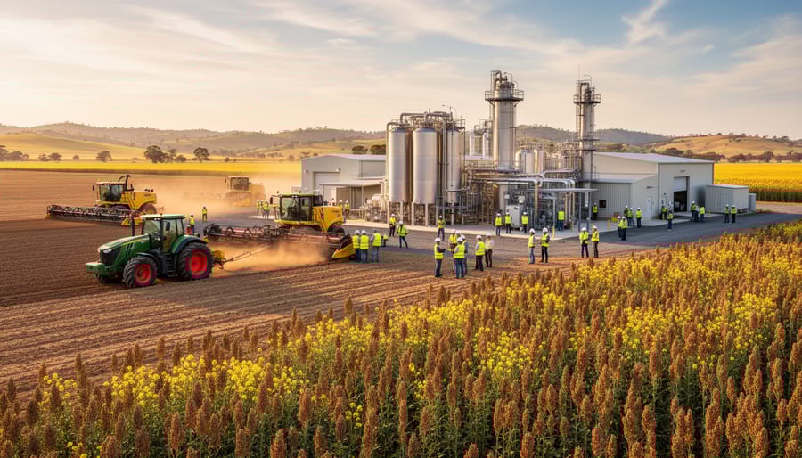Australian farmer in canola field with biofuel processing facility in background