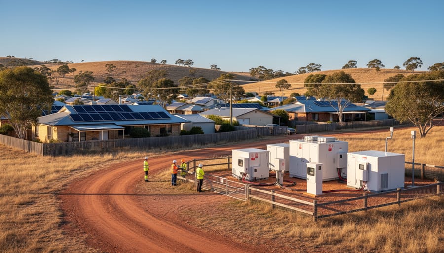 Aerial view of Australian rural town with solar panels and battery storage on community buildings