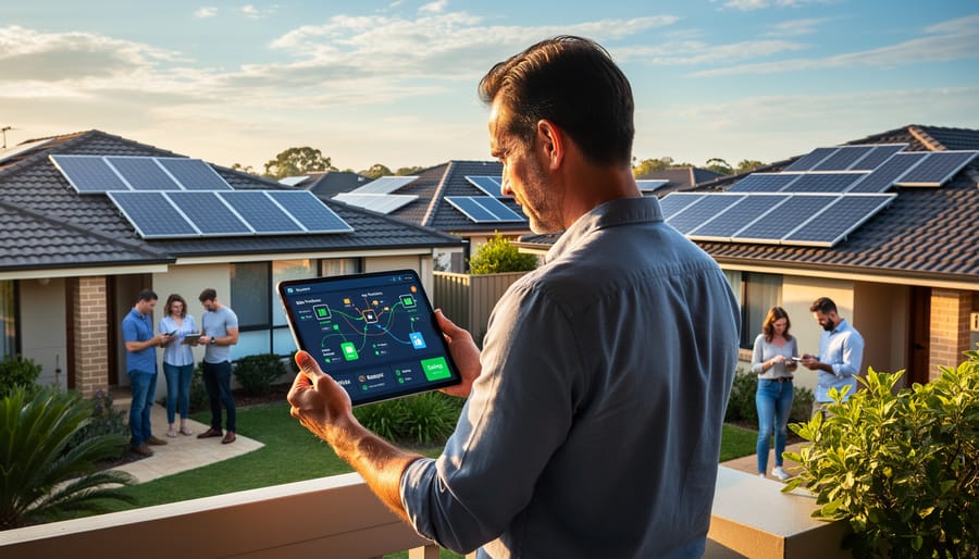 Aerial view of Australian suburban homes with solar panel installations on rooftops