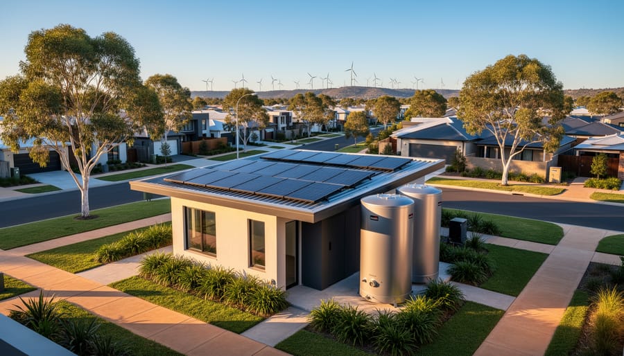 Modern district energy building with rooftop solar thermal panels and a cylindrical hot-water storage tank in an Australian neighborhood at golden hour, with townhouses, eucalyptus trees, and distant wind turbines under a clear blue sky.
