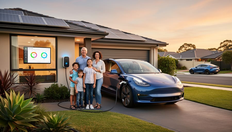 Australian family standing beside their electric vehicle at home