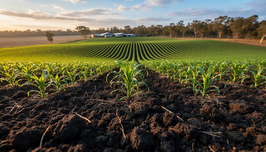 Farmer's hands holding rich organic soil in Australian agricultural setting