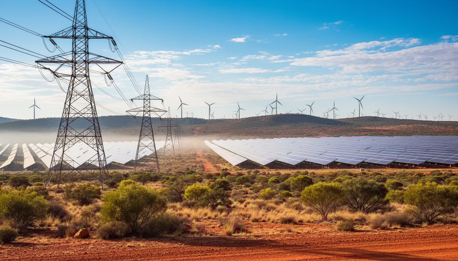 Electrical transmission towers across Australian landscape at sunset