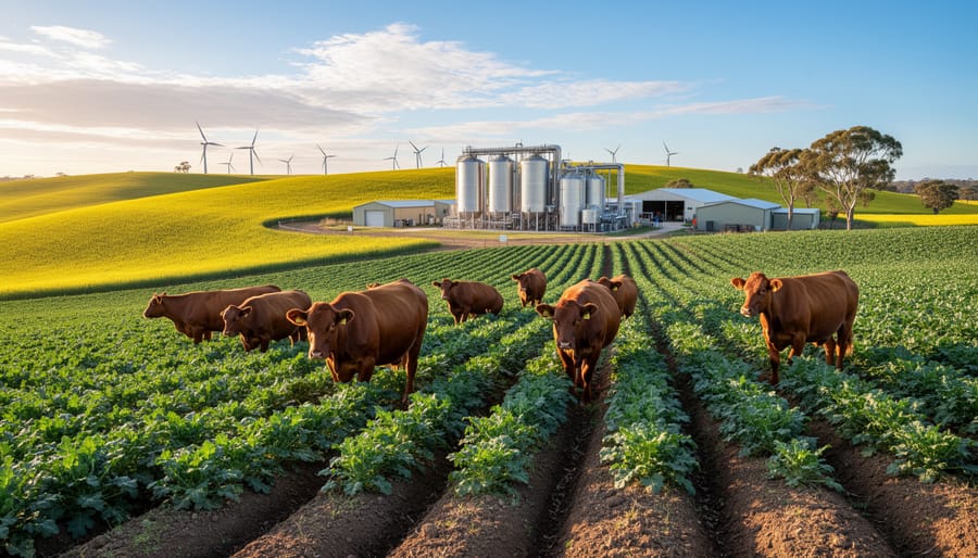 Australian farmer in regenerative biofuel crop field with farm equipment at sunset