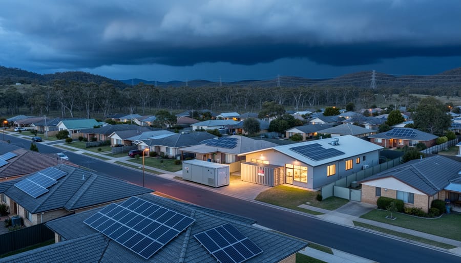 Elevated wide view of a small Australian town at dusk with rooftop solar panels and a containerized battery unit, warm lights on under storm clouds, with eucalyptus hills and distant power lines in the background.