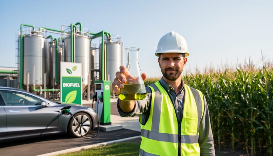 Hand holding container of golden biodiesel fuel with commercial vehicle in background