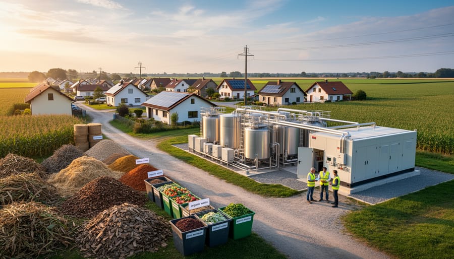 Bioenergy facility with agricultural waste materials including hay bales and wood chips