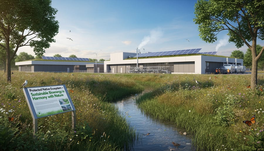 Bioenergy facility surrounded by preserved native forest demonstrating environmental protection principles