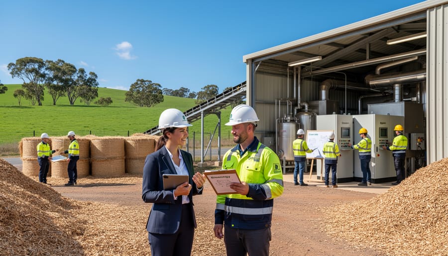 Team of workers at Australian bioenergy facility discussing operations