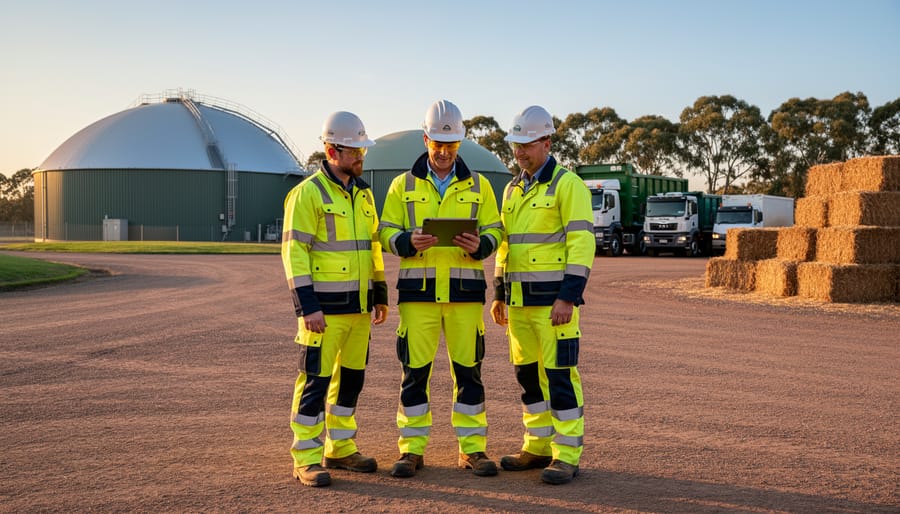 Three workers in high-visibility gear review a tablet at a biogas plant during golden hour, with domed anaerobic digesters, biomass trucks, and stacked baled crop residue in the background.