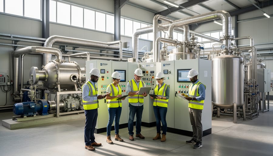 Team of workers in safety gear collaborating at a biogas processing facility