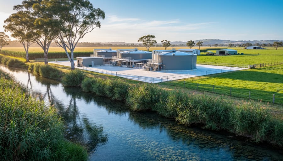Modern anaerobic digester domes near a clear creek lined with reeds and eucalyptus trees, with sugarcane fields and dairy pasture in the distance under warm golden-hour light.
