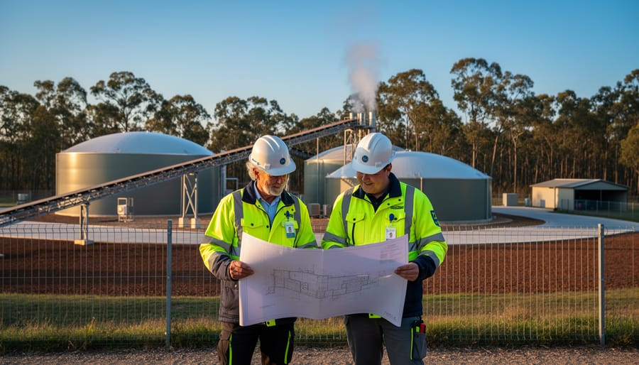 Two consultants in high-visibility gear review site plans beside a modern biomass facility with digester domes and conveyors, eucalyptus trees and a faint steam plume in the background at golden hour.
