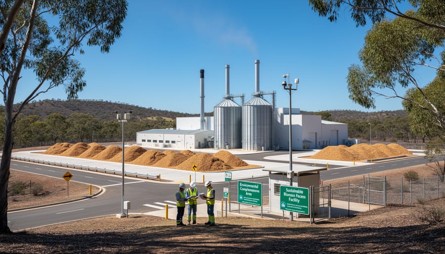Aerial view of biomass energy facility integrated within Australian forest landscape