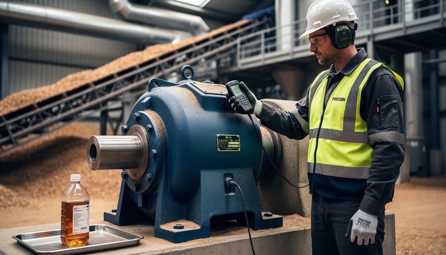 Technician in PPE using a handheld vibration sensor on a large industrial gearbox inside a biomass power station, with an oil sample bottle on a tray and blurred wood-chip conveyors, steam pipes, and catwalks in the background under soft skylight.